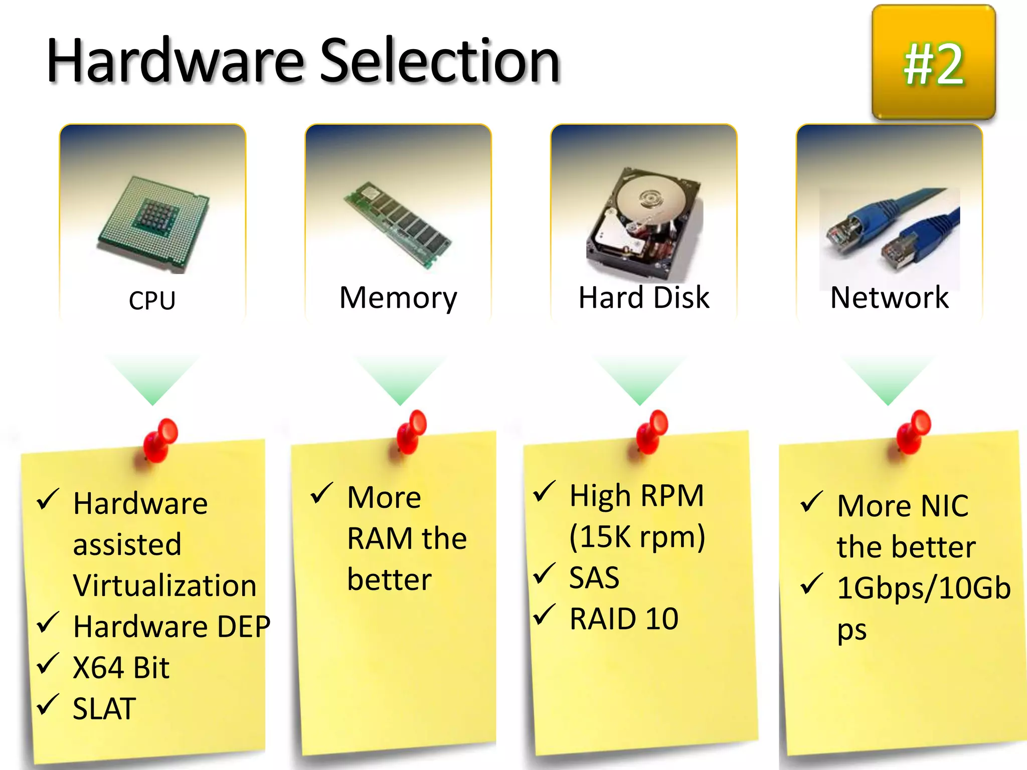 Hardware Selection                                #2


      CPU           Memory       Hard Disk    Network




 Hardware          More       High RPM     More NIC
  assisted           RAM the     (15K rpm)     the better
  Virtualization     better     SAS          1Gbps/10Gb
 Hardware DEP                  RAID 10       ps
 X64 Bit
 SLAT
 