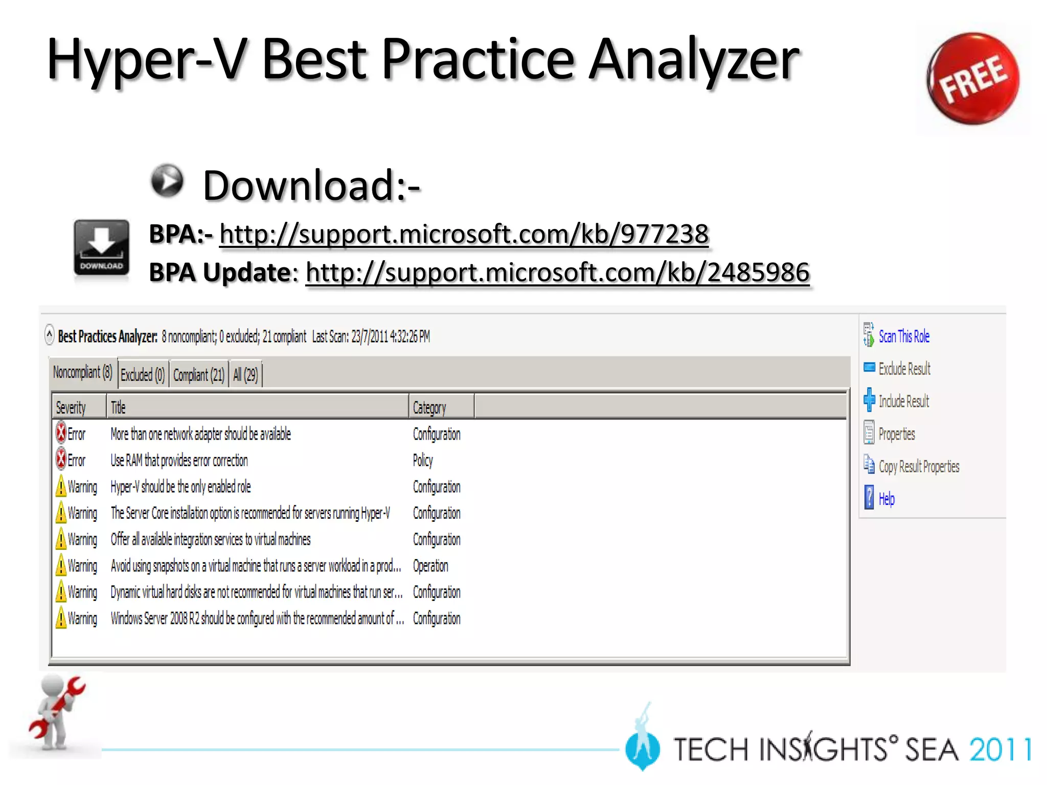 Hyper-V Best Practice Analyzer
        Download:-
    BPA:- http://support.microsoft.com/kb/977238
    BPA Update: http://support.microsoft.com/kb/2485986
 
