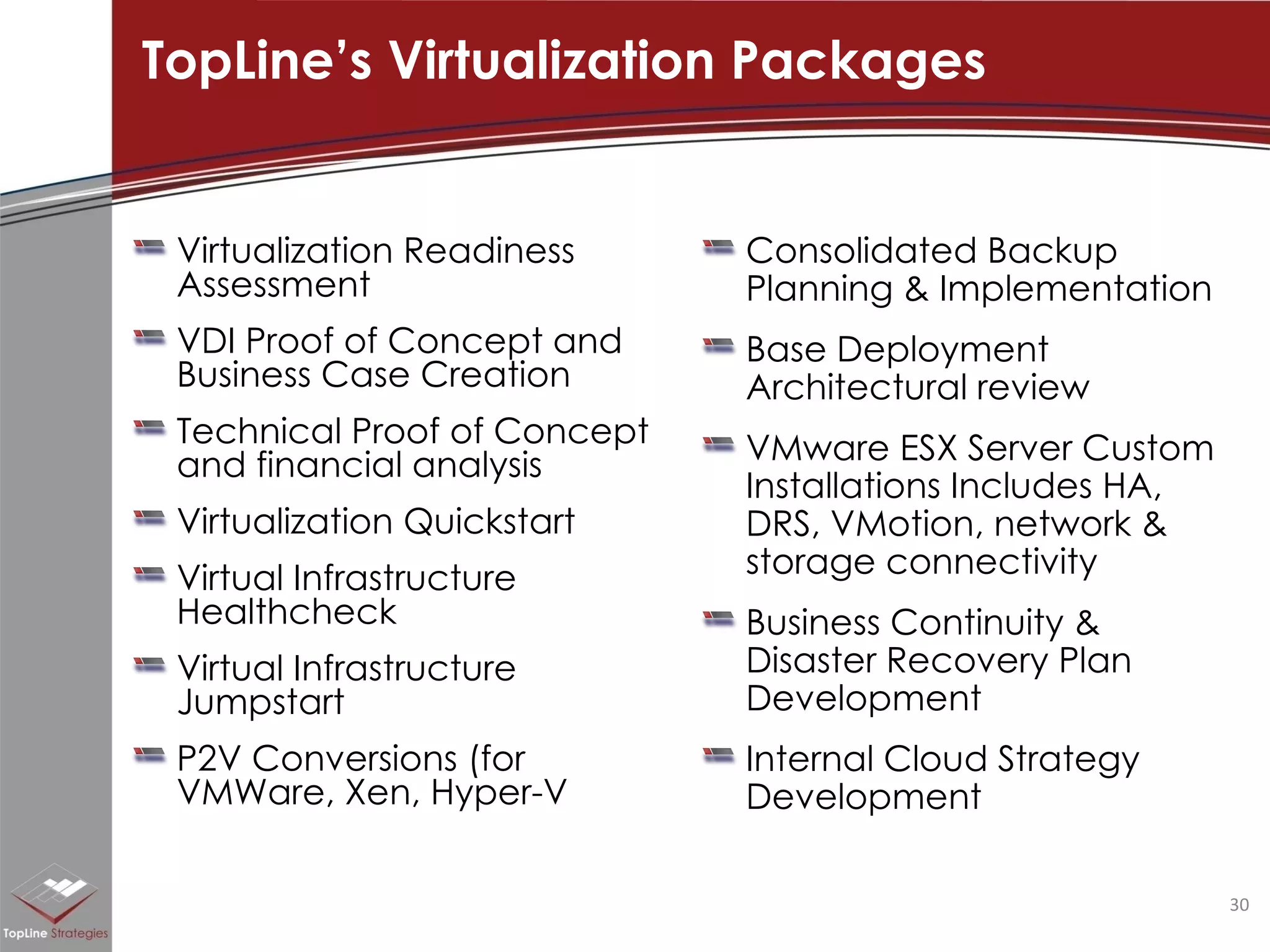 Virtualization Readiness Assessment VDI Proof of Concept and Business Case Creation Technical Proof of Concept and financial analysis  Virtualization Quickstart Virtual Infrastructure Healthcheck Virtual Infrastructure Jumpstart P2V Conversions (for VMWare, Xen, Hyper-V Consolidated Backup Planning & Implementation Base Deployment Architectural review  VMware ESX Server Custom Installations Includes HA, DRS, VMotion, network & storage connectivity  Business Continuity & Disaster Recovery Plan Development Internal Cloud Strategy Development TopLine’s Virtualization Packages 