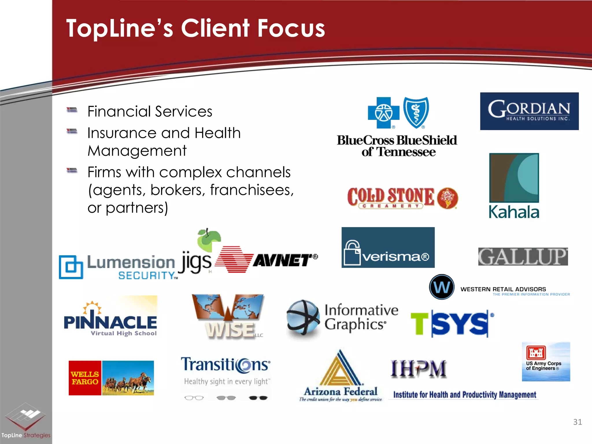 TopLine’s Client Focus Financial Services  Insurance and Health Management  Firms with complex channels (agents, brokers, franchisees, or partners)  