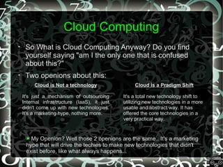 Cloud Computing
•

So What is Cloud Computing Anyway? Do you find
yourself saying "am I the only one that is confused
about this?"

•

Two openions about this:
Cloud is Not a technology

Cloud is a Pradigm Shift

It's just a mechanism of outsourcing
Internal infrastructure (IaaS), it just
didn't come up with new technologies.
It's a marketing hype, nothing more.

It's a total new technology shift to
utilizing new technologies in a more
usable and abstract way. It has
offered the core technologies in a
very practical way.

My Openion? Well those 2 openions are the same.. It's a marketing
hype that will drive the techies to make new technologies that didn't
exist before, like what always happens...

 