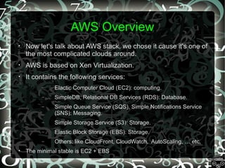 AWS Overview
•

Now let's talk about AWS stack, we chose it cause it's one of
the most complicated clouds around.

•

AWS is based on Xen Virtualization.

•

It contains the following services:
–
–

SimpleDB, Relational DB Services (RDS): Database.

–

Simple Queue Service (SQS), Simple Notifications Service
(SNS): Messaging.

–

Simple Storage Service (S3): Storage.

–

Elastic Block Storage (EBS): Storage.

–
•

Elactic Computer Cloud (EC2): computing.

Others: like CloudFront, CloudWatch, AutoScaling, … etc.

The minimal stable is EC2 + EBS

 