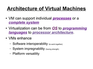 Architecture of Virtual Machines
●

●

●

VM can support individual processes or a
complete system
Virtualization can be from OS to programming
languages to processor architecture.
VMs enhance
–

Software interoperability (to work together)

–

System impregnability (having strength)

–

Platform versatility

 