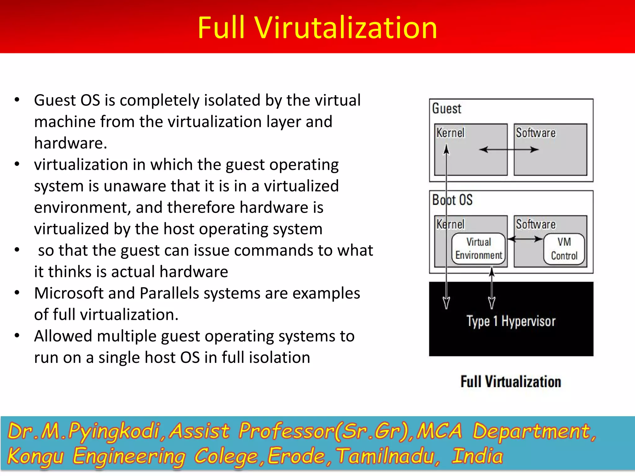 Full Virutalization
• Guest OS is completely isolated by the virtual
machine from the virtualization layer and
hardware.
• virtualization in which the guest operating
system is unaware that it is in a virtualized
environment, and therefore hardware is
virtualized by the host operating system
• so that the guest can issue commands to what
it thinks is actual hardware
• Microsoft and Parallels systems are examples
of full virtualization.
• Allowed multiple guest operating systems to
run on a single host OS in full isolation
 