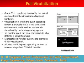 Full Virutalization
• Guest OS is completely isolated by the virtual
machine from the virtualization layer and
hardware.
• virtualization in which the guest operating
system is unaware that it is in a virtualized
environment, and therefore hardware is
virtualized by the host operating system
• so that the guest can issue commands to what
it thinks is actual hardware
• Microsoft and Parallels systems are examples
of full virtualization.
• Allowed multiple guest operating systems to
run on a single host OS in full isolation
 