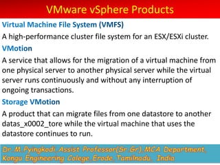 VMware vSphere Products
A high-performance cluster file system for an ESX/ESXi cluster.
A service that allows for the migration of a virtual machine from
one physical server to another physical server while the virtual
server runs continuously and without any interruption of
ongoing transactions.
A product that can migrate files from one datastore to another
datas_x0002_tore while the virtual machine that uses the
datastore continues to run.
 