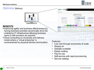 Optimize  Delivery BENEFITS : Improving agility and business effectiveness by having business priorities dynamically drive the underlying IT infrastructure allowing business users to self provision as required Cloud computing is a business and delivery model where a ‘virtual enterprise’ is unconstrained by physical barriers and location Features: Low cost through economies of scale  Always on Globally available Elastic scaling Pay for use Self-service with rapid provisioning Service catalog 