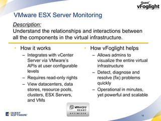 VMware ESX Server Monitoring
Description:
Understand the relationships and interactions between
all the components in the virtual infrastructure.
• How it works                   • How vFoglight helps
   – Integrates with vCenter        – Allows admins to
     Server via VMware’s              visualize the entire virtual
     APIs at user configurable        infrastructure
     levels                         – Detect, diagnose and
   – Requires read-only rights        resolve (fix) problems
   – View datacenters, data           quickly
     stores, resource pools,        – Operational in minutes,
     clusters, ESX Servers,           yet powerful and scalable
     and VMs


                                                              16
 