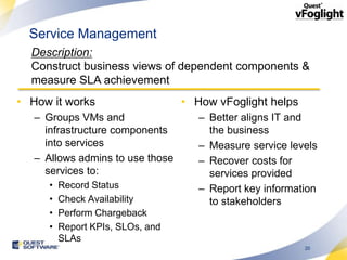 Service Management
  Description:
  Construct business views of dependent components &
  measure SLA achievement
• How it works                     • How vFoglight helps
   – Groups VMs and                   – Better aligns IT and
     infrastructure components          the business
     into services                    – Measure service levels
   – Allows admins to use those       – Recover costs for
     services to:                       services provided
      •   Record Status               – Report key information
      •   Check Availability            to stakeholders
      •   Perform Chargeback
      •   Report KPIs, SLOs, and
          SLAs
                                                           20
 