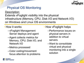 Physical OS Monitoring
Description:
Extends vFoglight visibility into the physical
infrastructure (Memory, CPU, Disk I/O and Network I/O)
on Windows and Linux OS environments
• How it works                   • How vFoglight helps
  –vFoglight Management            –Performance issues on
   Server deploys and agent         physical servers in
  –Agent collects metrics for       addition to virtual
   Memory, CPU, Disk I/O, and       servers
   Network I/O                     –Want to consolidate
  –Metrics processed                virtual and physical
  –Color coding/movement            monitoring into a single
   focus attention to problems      solution

                                                          25
 