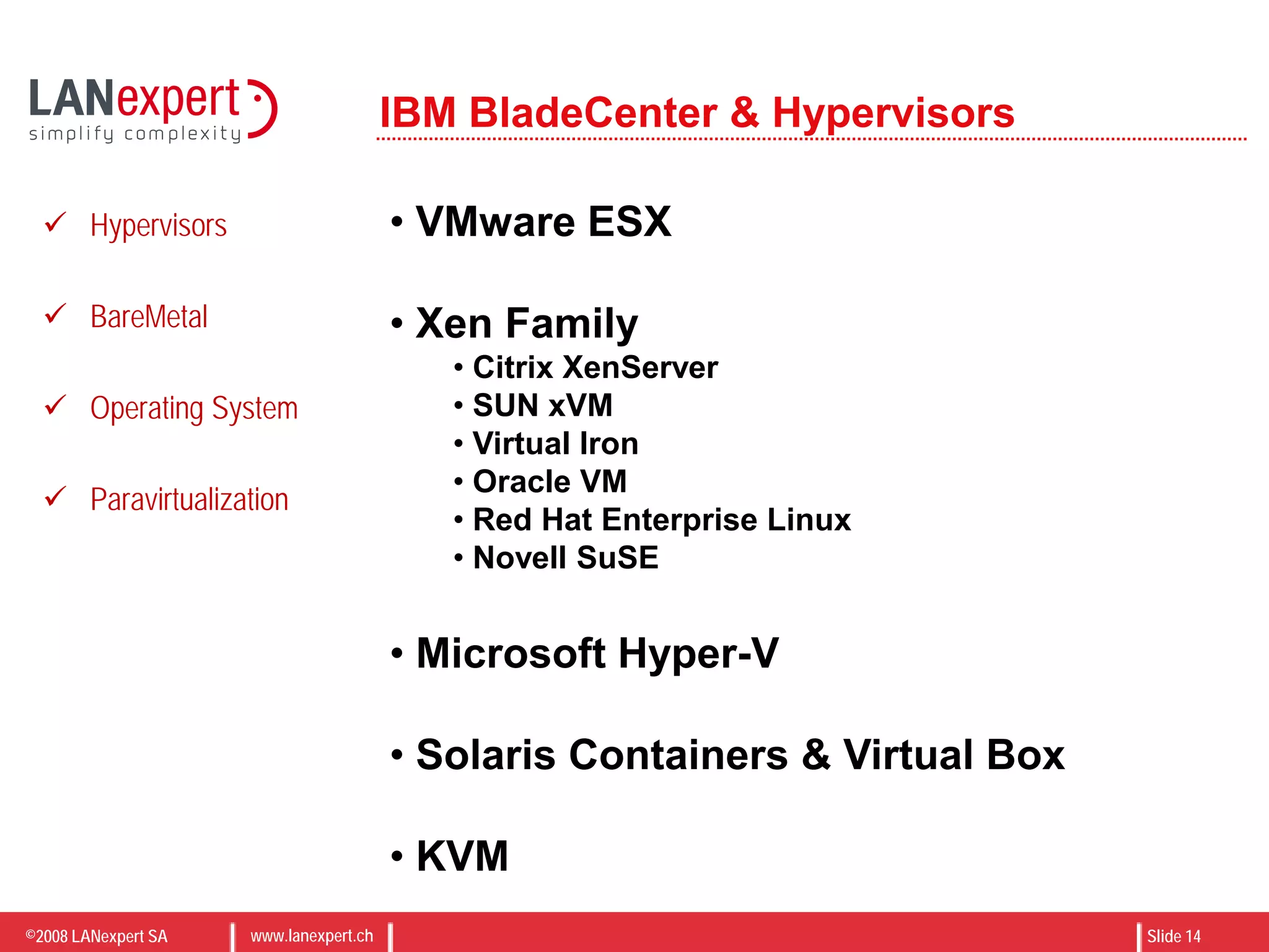 ©2008 LANexpert SA www.lanexpert.ch Slide 14
IBM BladeCenter & Hypervisors
• VMware ESX
• Xen Family
• Citrix XenServer
• SUN xVM
• Virtual Iron
• Oracle VM
• Red Hat Enterprise Linux
• Novell SuSE
• Microsoft Hyper-V
• Solaris Containers & Virtual Box
• KVM
 Hypervisors
 BareMetal
 Operating System
 Paravirtualization
 