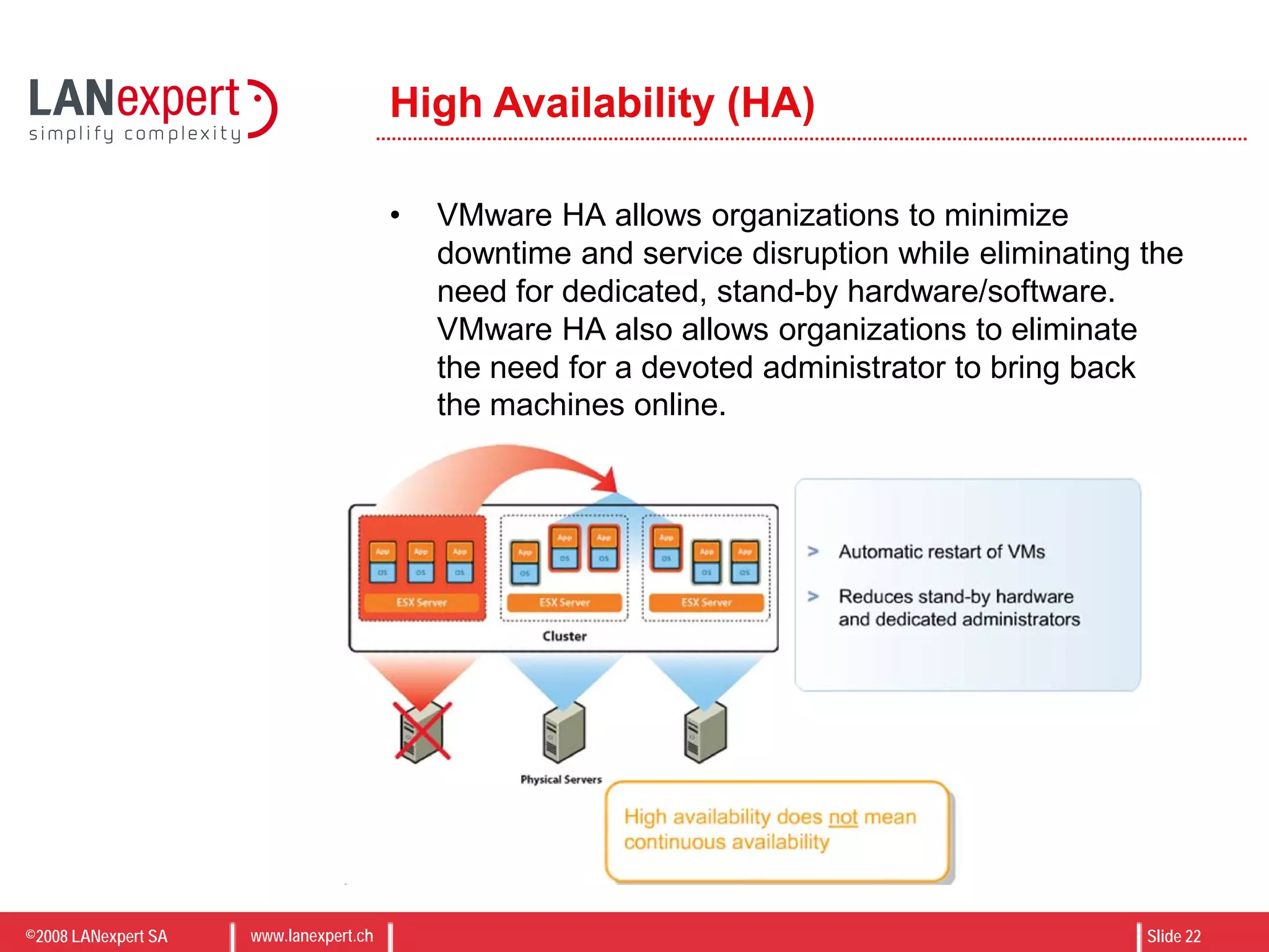 ©2008 LANexpert SA www.lanexpert.ch Slide 22
High Availability (HA)
• VMware HA allows organizations to minimize
downtime and service disruption while eliminating the
need for dedicated, stand-by hardware/software.
VMware HA also allows organizations to eliminate
the need for a devoted administrator to bring back
the machines online.
 
