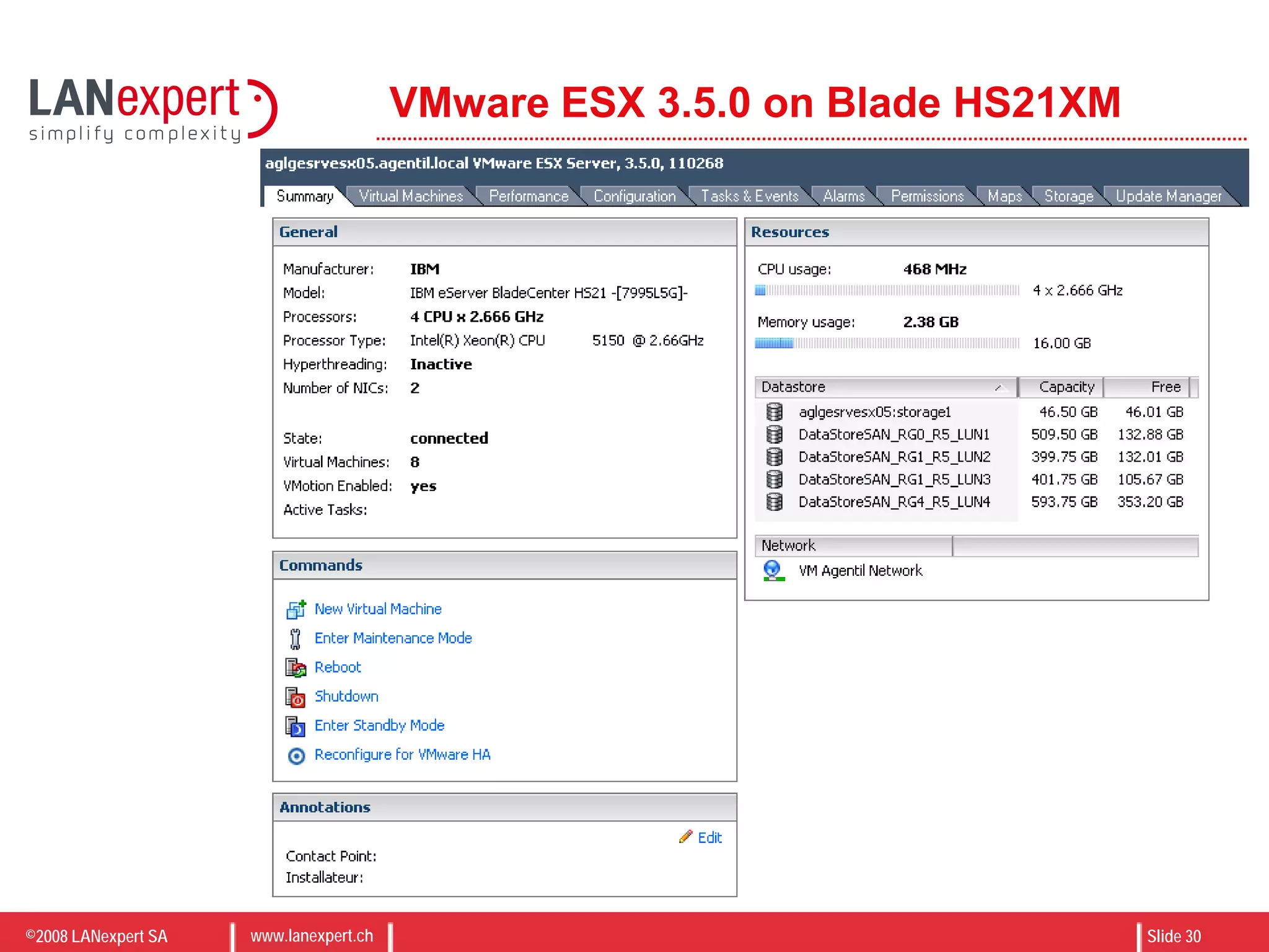 ©2008 LANexpert SA www.lanexpert.ch Slide 30
VMware ESX 3.5.0 on Blade HS21XM
 