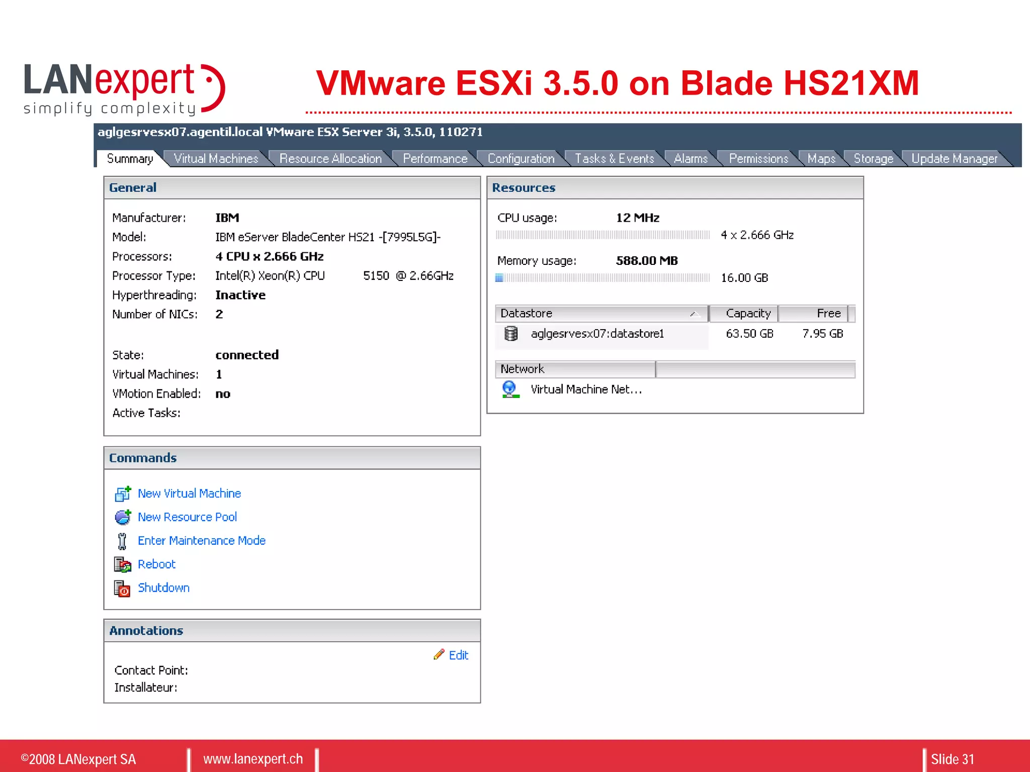 ©2008 LANexpert SA www.lanexpert.ch Slide 31
VMware ESXi 3.5.0 on Blade HS21XM
 