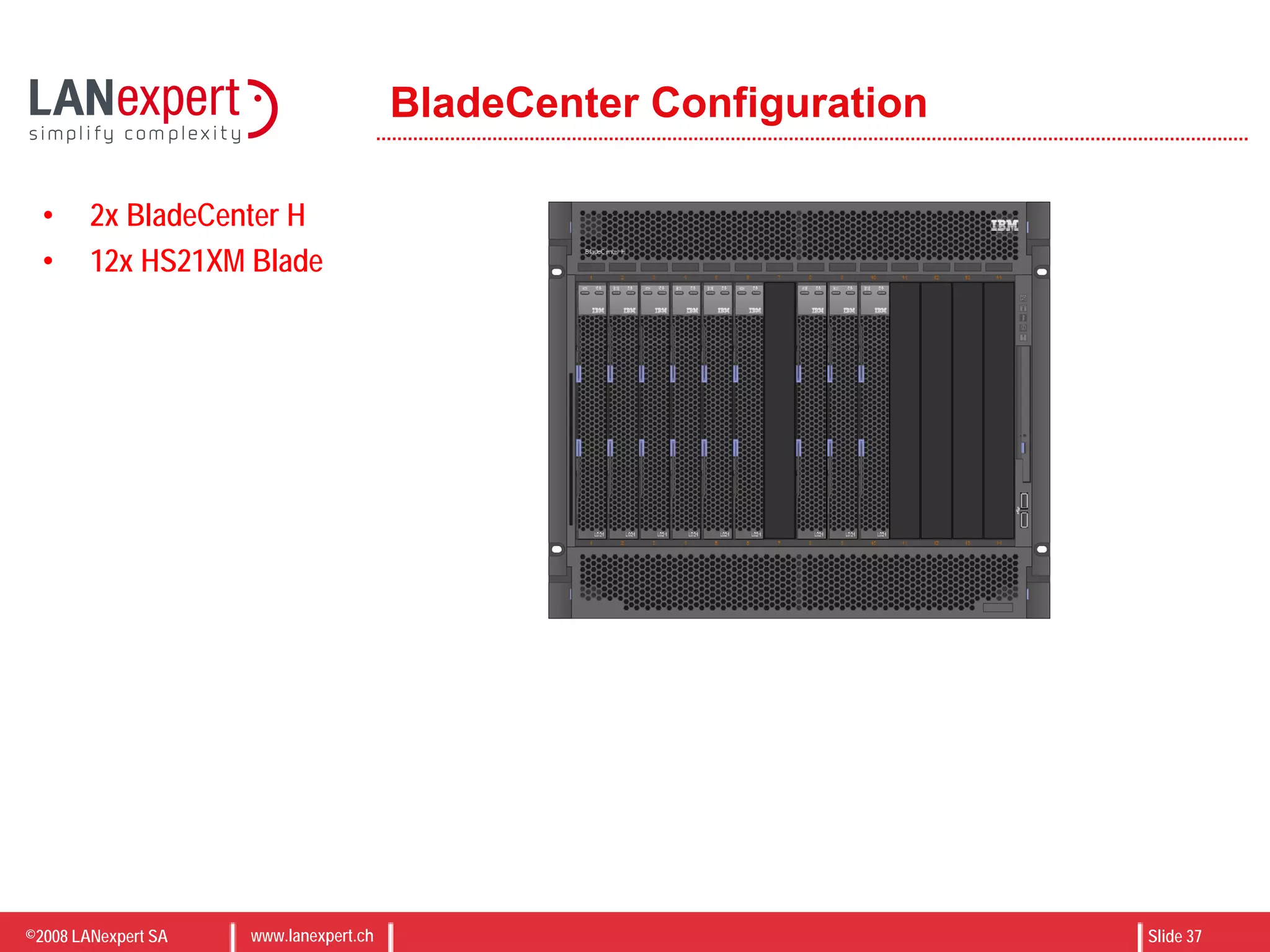 ©2008 LANexpert SA www.lanexpert.ch Slide 37
BladeCenter Configuration
• 2x BladeCenter H
• 12x HS21XM Blade
 