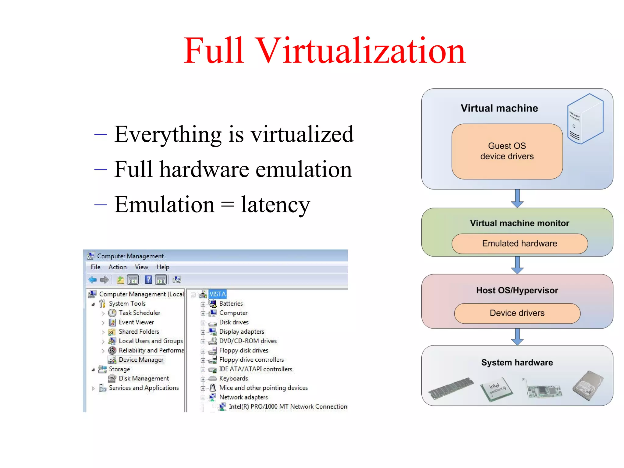 Full Virtualization
– Everything is virtualized
– Full hardware emulation
– Emulation = latency
 