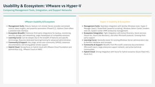 Usability & Ecosystem: VMware vs Hyper-V
Comparing Management Tools, Integration, and Support Networks
VMware Usability & Ecosystem
Management Suite: Mature, feature-rich vCenter Server provides centralized
control, deep insights, and powerful automation (PowerCLI). vSphere Client offers
a polished web interface.
Ecosystem Breadth: Extensive third-party integrations for backup, monitoring,
security, storage, and networking. Large marketplace of compatible solutions.
Learning Curve: Can be steeper due to the breadth of features and specific
terminology. Requires dedicated learning/training for advanced administration.
Community & Support: Very large, active user community (VMUG), extensive
documentation, and strong global vendor support.
Hybrid Cloud: Strong focus on hybrid cloud with VMware Cloud Foundation and
partnerships (e.g., VMware Cloud on AWS).
Hyper-V Usability & Ecosystem
Management Suite: Seamless integration with familiar Windows tools: Hyper-V
Manager (basic), PowerShell (powerful scripting), Windows Admin Center (modern
web UI), System Center VMM (enterprise management).
Ecosystem Integration: Tight integration with Active Directory, Azure services
(Azure Arc, Azure Site Recovery), and other Microsoft products. Growing third-
party support.
Learning Curve: Generally easier for existing Windows Server administrators due
to familiar interfaces and concepts.
Community & Support: Benefits from Microsoft's extensive documentation
(Microsoft Learn), large enterprise support network, and active technical
communities.
Hybrid Cloud: Strong integration with Azure for hybrid scenarios (Azure Stack HCI,
Azure Arc).
 