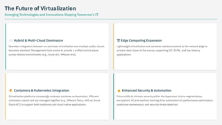 The Future of Virtualization
Emerging Technologies and Innovations Shaping Tomorrow's IT
☁️ Hybrid & Multi-Cloud Dominance
Seamless integration between on-premises virtualization and multiple public clouds
becomes standard. Management tools evolve to provide a unified control plane
across diverse environments (e.g., Azure Arc, VMware Aria).
📦 Containers & Kubernetes Integration
Virtualization platforms increasingly embrace container orchestration. VMs and
containers coexist and are managed together (e.g., VMware Tanzu, AKS on Azure
Stack HCI) to support both traditional and cloud-native applications.
엣 Edge Computing Expansion
Lightweight virtualization and container solutions extend to the network edge to
process data closer to the source, supporting IoT, AI/ML, and low-latency
applications.
🔒 Enhanced Security & Automation
Focus shifts to intrinsic security within the hypervisor (micro-segmentation,
encryption). AI and machine learning drive automation for performance optimization,
predictive maintenance, and security threat detection.
 