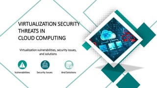 Virtualization vulnerabilities, security issues,
and solutions
VIRTUALIZATION SECURITY
THREATS IN
CLOUD COMPUTING
Vulnerabilities Security Issues And Solutions
 