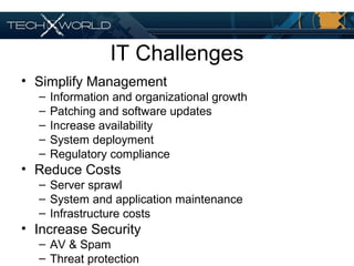 IT Challenges
• Simplify Management
– Information and organizational growth
– Patching and software updates
– Increase availability
– System deployment
– Regulatory compliance
• Reduce Costs
– Server sprawl
– System and application maintenance
– Infrastructure costs
• Increase Security
– AV & Spam
– Threat protection
 