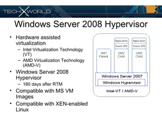 Windows Server 2008 Hypervisor
• Hardware assisted
virtualization
– Intel Virtualization Technology
(VT)
– AMD Virtualization Technology
(AMD-V)
• Windows Server 2008
Hypervisor
– 180 days after RTM
• Compatible with MS VM
Images
• Compatible with XEN-enabled
Linux
 