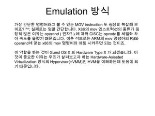 Emulation 방식
가장 간단한 명령어라고 볼 수 있는 MOV instruction 도 굉장히 복잡해 보
이죠? ^^; 실제로는 정말 간단합니다. X86의 mov 인스트럭션의 종류가 굉
장히 많은 이유는 operand ( 인자? ) 에 따라 CISC는 opcode를 세밀화 하
여 속도를 올렸기 때문입니다. 이론 적으로는 ARM의 mov 명령어의 Rd와
operand에 맞는 x86의 mov 명령어와 매칭 시켜주면 되는 것이죠.

이 역할을 하는 것이 Guest OS X 의 Hardware Type X 가 되겠습니다. 이
것이 중요한 이유는 우리가 살펴보고자 하는 Hardware-Asissted
Virtualization 방식의 Hypervisor(=VMM)인 HVM을 이해하는데 도움이 되
기 때문입니다.
 