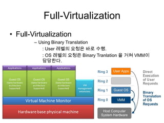 Full-Virtualization
• Full-Virtualization
        – Using Binary Translation
           : User 레벨의 요청은 바로 수행.
           : OS 레벨의 요청은 Binary Tranlation 을 거쳐 VMM이
           담당한다.
 
