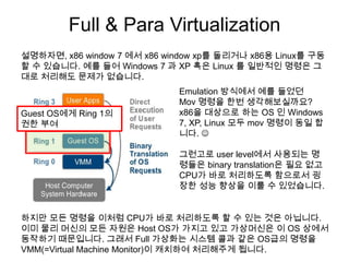 Full & Para Virtualization
설명하자면, x86 window 7 에서 x86 window xp를 돌리거나 x86용 Linux를 구동
할 수 있습니다. 예를 들어 Windows 7 과 XP 혹은 Linux 를 일반적인 명령은 그
대로 처리해도 문제가 없습니다.
                             Emulation 방식에서 예를 들었던
                             Mov 명령을 한번 생각해보실까요?
Guest OS에게 Ring 1의           x86을 대상으로 하는 OS 인 Windows
권한 부여                        7, XP, Linux 모두 mov 명령이 동일 합
                             니다. 

                             그런고로 user level에서 사용되는 명
                             령들은 binary translation은 필요 없고
                             CPU가 바로 처리하도록 함으로서 굉
                             장한 성능 향상을 이룰 수 있었습니다.


하지만 모든 명령을 이처럼 CPU가 바로 처리하도록 할 수 있는 것은 아닙니다.
이미 물리 머신의 모든 자원은 Host OS가 가지고 있고 가상머신은 이 OS 상에서
동작하기 때문입니다. 그래서 Full 가상화는 시스템 콜과 같은 OS급의 명령을
VMM(=Virtual Machine Monitor)이 캐치하여 처리해주게 됩니다.
 