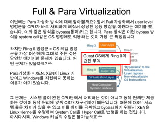 Full & Para Virtualization
이번에는 Para 가상화 방식에 대해 알아볼까요? 앞서 Full 가상화에서 user level
명령군을 CPU가 바로 처리하게 해줘서 상당한 성능 향상을 이뤘다는 얘기를 했
습니다. 이와 같은 방식을 bypass(통과)라고 합니다. Para 방식은 이런 bypass 방
식을 system call같은 OS 명령에도 적용하는 것이 가장 큰 특징입니다.

하지만 Ring 0 명령군 = OS 레벨 명령
군을 가상 머신에게 그대로 주는 것은
                              Guest OS에게 Ring 0의
당연한 얘기지만 문제가 있습니다. 어
                              권한 부여
떤 문제가 있을까요? ^^

Para가상화 = XEN, XEN이 Linux 기
반이고 Windows를 지원하지 못하는
이유가 여기 있습니다.


그 문제는, 시스템 콜이 완전 CPU단에서 처리하는 것이 아니고 동작 원리만 제공
하는 것이며 동작 원리에 맞춰 OS가 재구성하기 때문입니다. 때문에 OS간 시스
템 콜은 차이가 있을 수 있고 이를 차이를 극복하고 bypass하기 위해서 XEN은
Linux Kernel을 수정하여 System Call을 Hyper Call로 변형을 하는 것입니다.
아시다시피, Windows 커널의 수정은 불가능하죠 ^^
 