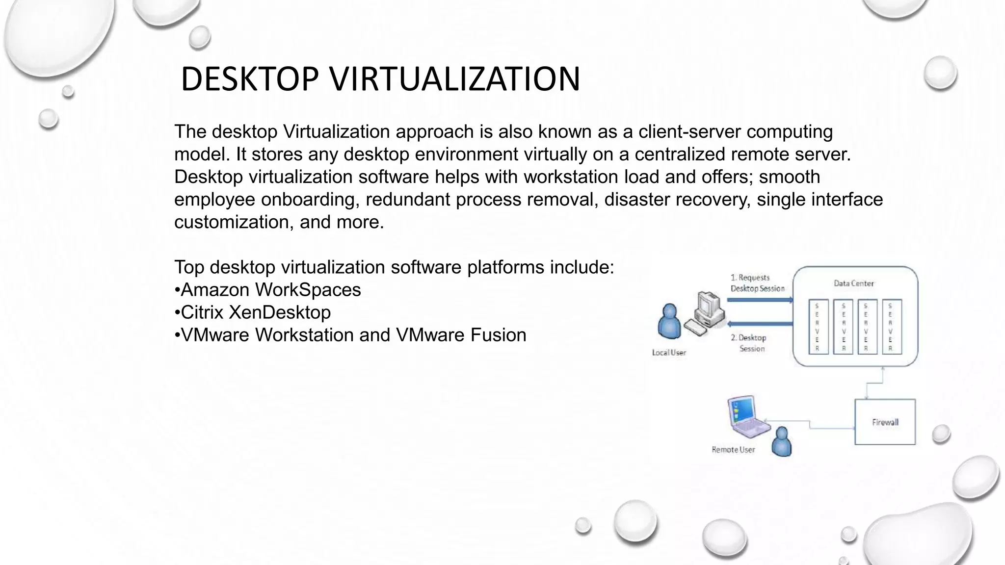 DESKTOP VIRTUALIZATION
The desktop Virtualization approach is also known as a client-server computing
model. It stores any desktop environment virtually on a centralized remote server.
Desktop virtualization software helps with workstation load and offers; smooth
employee onboarding, redundant process removal, disaster recovery, single interface
customization, and more.
Top desktop virtualization software platforms include:
•Amazon WorkSpaces
•Citrix XenDesktop
•VMware Workstation and VMware Fusion
 