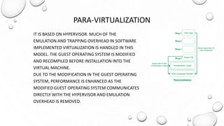 PARA-VIRTUALIZATION
IT IS BASED ON HYPERVISOR. MUCH OF THE
EMULATION AND TRAPPING OVERHEAD IN SOFTWARE
IMPLEMENTED VIRTUALIZATION IS HANDLED IN THIS
MODEL. THE GUEST OPERATING SYSTEM IS MODIFIED
AND RECOMPILED BEFORE INSTALLATION INTO THE
VIRTUAL MACHINE.
DUE TO THE MODIFICATION IN THE GUEST OPERATING
SYSTEM, PERFORMANCE IS ENHANCED AS THE
MODIFIED GUEST OPERATING SYSTEM COMMUNICATES
DIRECTLY WITH THE HYPERVISOR AND EMULATION
OVERHEAD IS REMOVED.
 
