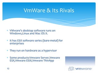 VMware's desktop software runs on Windows,Linux and Mac OS X.It has ESX software series (bare-metal) for enterprisesThey run on hardware as a hypervisorSome products:Vmware Server,Vmware ESX,Vmware ESXi,Vmware ThinAppVmWare & Its Rivals12
