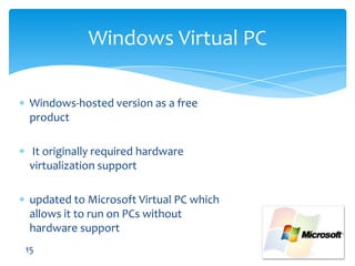 Windows Virtual PCWindows-hosted version as a free product It originally required hardware virtualization support updatedto Microsoft Virtual PC which allows it to run on PCs without hardware support15