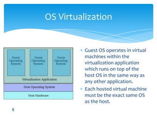 GuestOS operatesin virtual machines within the virtualization application whichruns on top of the host OS in the same way as any other application.Each hosted virtual machine must be the exact same OS as the host.OS Virtualization8