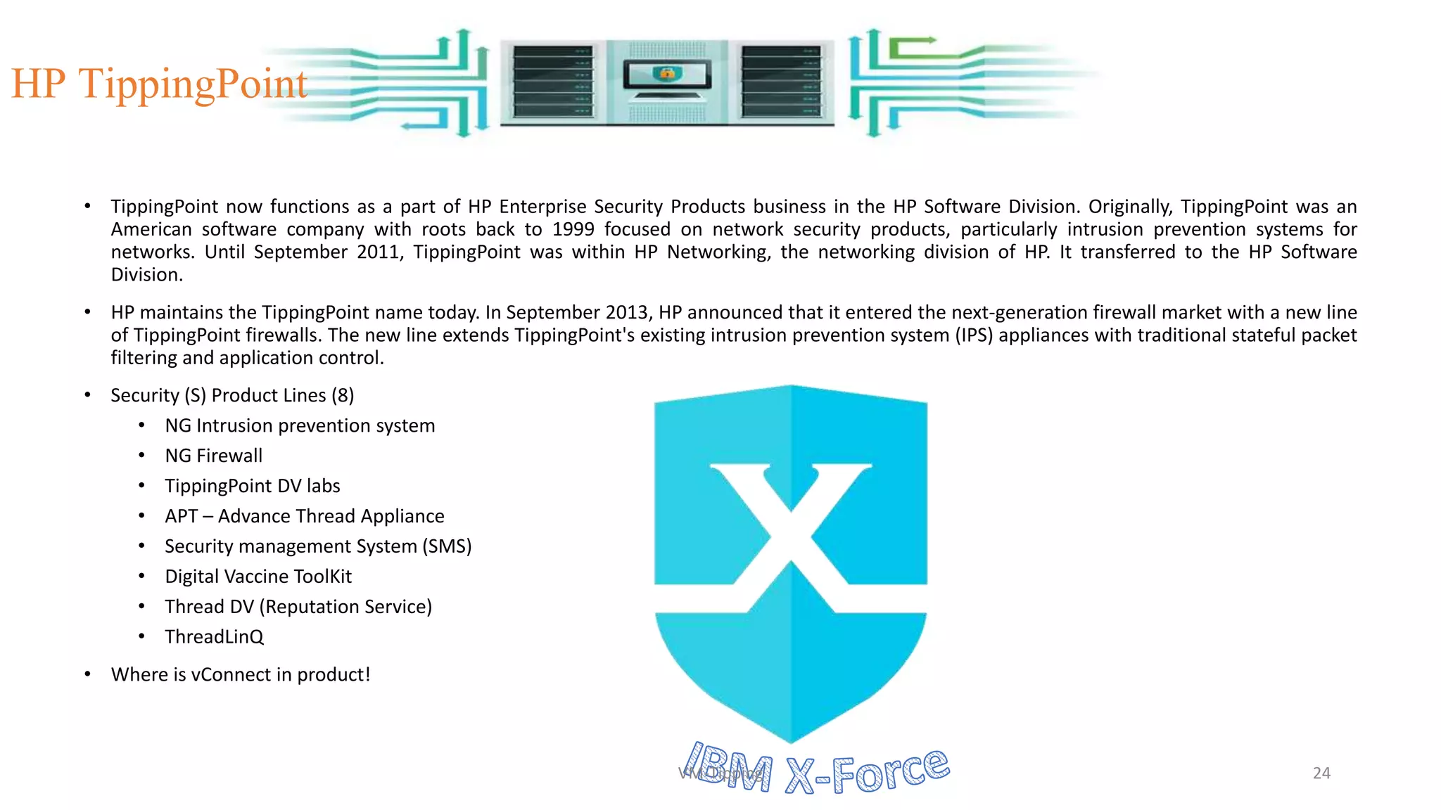 • TippingPoint now functions as a part of HP Enterprise Security Products business in the HP Software Division. Originally, TippingPoint was an
American software company with roots back to 1999 focused on network security products, particularly intrusion prevention systems for
networks. Until September 2011, TippingPoint was within HP Networking, the networking division of HP. It transferred to the HP Software
Division.
• HP maintains the TippingPoint name today. In September 2013, HP announced that it entered the next-generation firewall market with a new line
of TippingPoint firewalls. The new line extends TippingPoint's existing intrusion prevention system (IPS) appliances with traditional stateful packet
filtering and application control.
• Security (S) Product Lines (8)
• NG Intrusion prevention system
• NG Firewall
• TippingPoint DV labs
• APT – Advance Thread Appliance
• Security management System (SMS)
• Digital Vaccine ToolKit
• Thread DV (Reputation Service)
• ThreadLinQ
• Where is vConnect in product!
HP TippingPoint
VM-Tipping 24
 