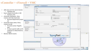vController + vFirewall + VMC
• vMC show real time stat of vCenter
• Topology view
• Easy to deploy vController in VM
• Inventory view
• vController Workspace ; Zone
creation with VQL (read-only)
• Pg.name=Department project
vm
• vController Policy editor; Policy
creation by VQL
• Vm.name contain ‘Bugzilla
web’
• To direct specific traffic to IPS
inspection or allow/ block by
firewall
• Monitor SMS for events
VM-Tipping 33
 