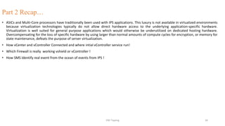 Part 2 Recap…
• ASICs and Multi-Core processors have traditionally been used with IPS applications. This luxury is not available in virtualized environments
because virtualization technologies typically do not allow direct hardware access to the underlying application-specific hardware.
Virtualization is well suited for general purpose applications which would otherwise be underutilized on dedicated hosting hardware.
Overcompensating for the loss of specific hardware by using larger than normal amounts of compute cycles for encryption, or memory for
state maintenance, defeats the purpose of server virtualization.
• How vCenter and vController Connected and where intial vController service run!
• Which Firewall is really working vshield or vController !
• How SMS Identify real event from the ocean of events from IPS !
VM-Tipping 34
 