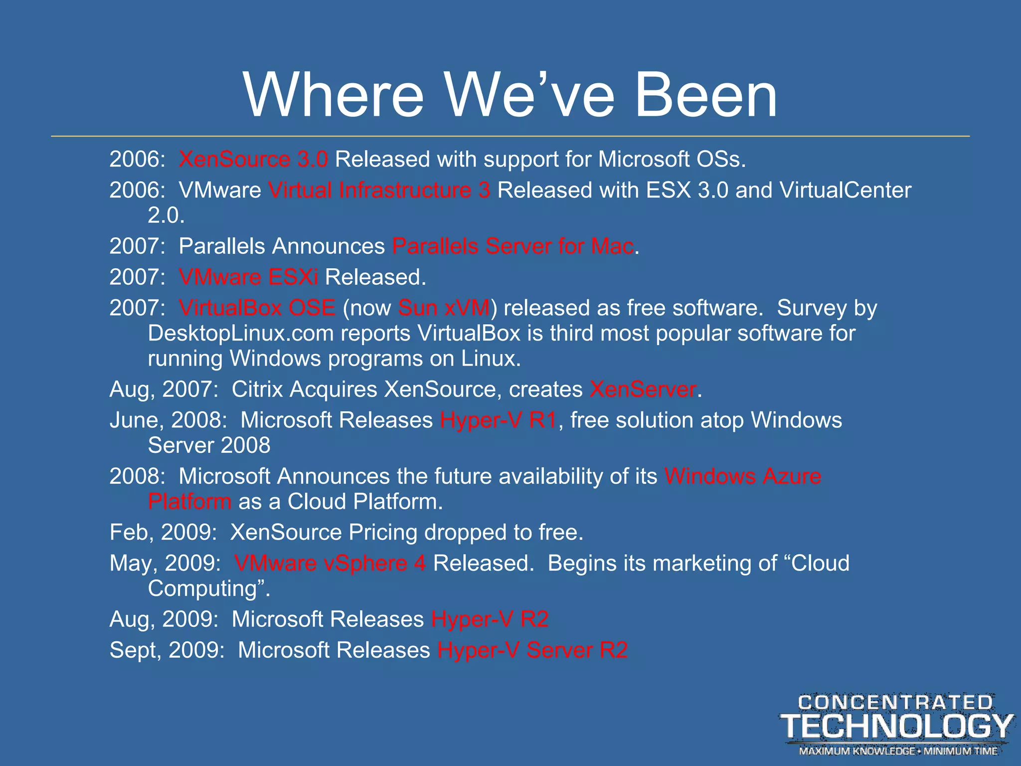 Where We ’ve Been 2006:  XenSource 3.0  Released with support for Microsoft OSs. 2006:  VMware  Virtual Infrastructure 3  Released with ESX 3.0 and VirtualCenter 2.0. 2007:  Parallels Announces  Parallels Server for Mac . 2007:  VMware ESXi  Released. 2007:  VirtualBox OSE  (now  Sun xVM ) released as free software.  Survey by DesktopLinux.com reports VirtualBox is third most popular software for running Windows programs on Linux. Aug, 2007:  Citrix Acquires XenSource, creates  XenServer . June, 2008:  Microsoft Releases  Hyper-V R1 , free solution atop Windows Server 2008 2008:  Microsoft Announces the future availability of its  Windows Azure Platform  as a Cloud Platform. Feb, 2009:  XenSource Pricing dropped to free. May, 2009:  VMware vSphere 4  Released.  Begins its marketing of  “Cloud Computing”. Aug, 2009:  Microsoft Releases  Hyper-V R2 Sept, 2009:  Microsoft Releases  Hyper-V Server R2 