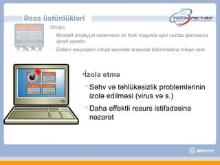 Əsas üstünlükləri
       •Bölgü

           Müxtəlif əməliyyat sistemlərin bir fiziki maşında eyni vaxtda işləməsinə
            şərait yaradır.
           Sistem resurslarin virtual serverlər arasında bölünməsinə imkan verir.




                        •İzolə    etmə
                            Səhv və təhlükəsizlik problemlərinin
                             izolə edilməsi (virus və s.)
                            Daha effektli resurs istifadəsinə
                             nəzarət
 