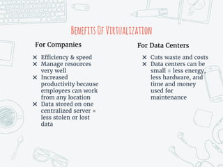 BenefitsOfVirtualization
✖ Efficiency & speed
✖ Manage resources
very well
✖ Increased
productivity because
employees can work
from any location
✖ Data stored on one
centralized server =
less stolen or lost
data
For Companies For Data Centers
✖ Cuts waste and costs
✖ Data centers can be
small = less energy,
less hardware, and
time and money
used for
maintenance
 