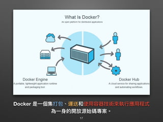 Docker 是⼀一個集打包、運送和使⽤用容器技術來來執⾏行行應⽤用程式
為⼀一⾝身的開放源始碼專案。
17
 