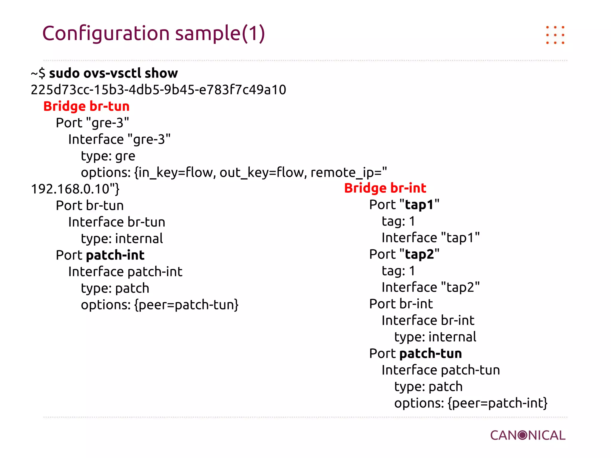 Configuration sample(1)
~$ sudo ovs-vsctl show
225d73cc-15b3-4db5-9b45-e783f7c49a10
Bridge br-tun
Port "gre-3"
Interface "gre-3"
type: gre
options: {in_key=flow, out_key=flow, remote_ip="
Bridge br-int
192.168.0.10"}
Port "tap1"
Port br-tun
tag: 1
Interface br-tun
Interface "tap1"
type: internal
Port "tap2"
Port patch-int
tag: 1
Interface patch-int
Interface "tap2"
type: patch
Port br-int
options: {peer=patch-tun}
Interface br-int
type: internal
Port patch-tun
Interface patch-tun
type: patch
options: {peer=patch-int}

 