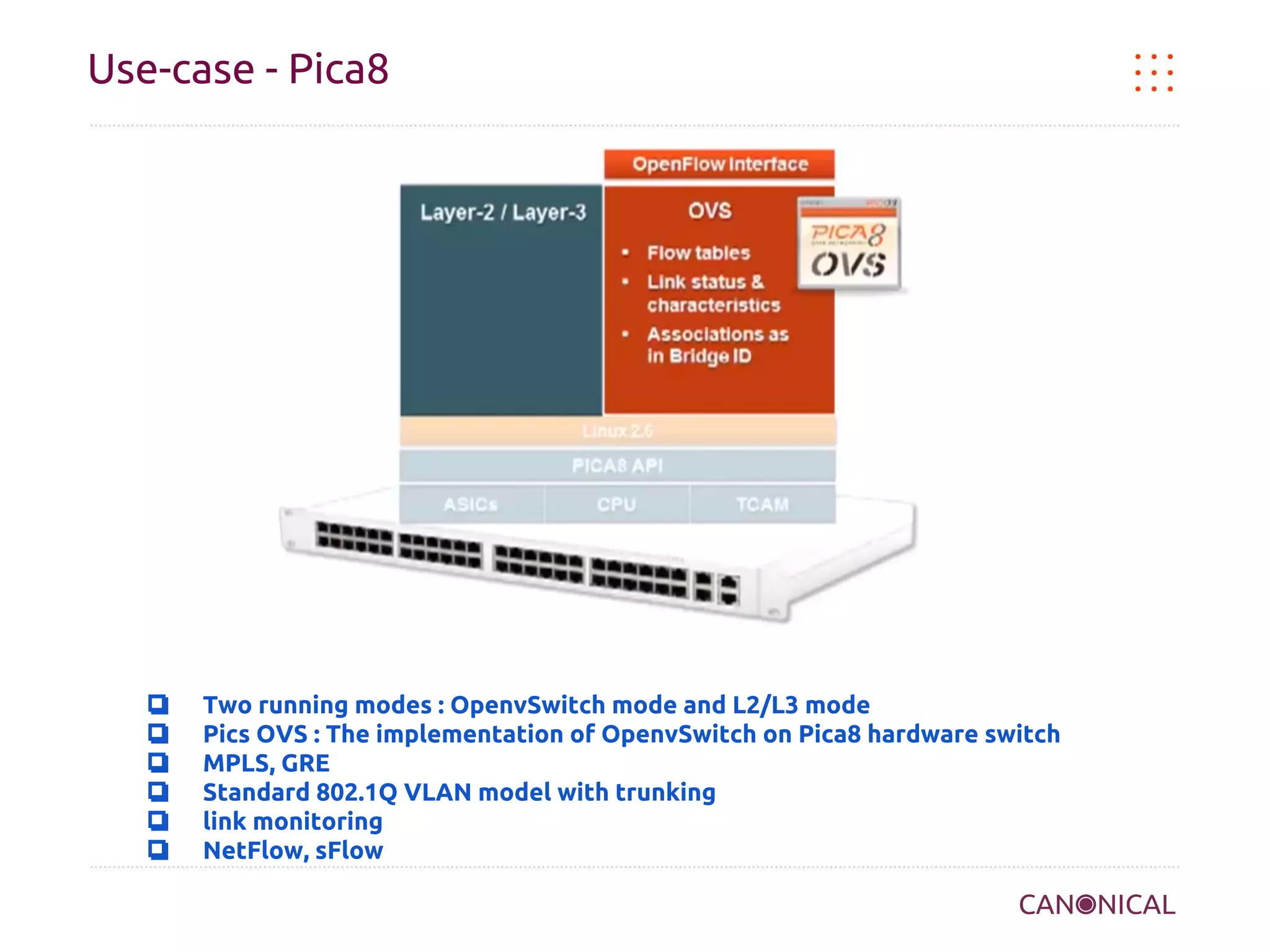 Use-case - Pica8

❏
❏
❏
❏
❏
❏

Two running modes : OpenvSwitch mode and L2/L3 mode
Pics OVS : The implementation of OpenvSwitch on Pica8 hardware switch
MPLS, GRE
Standard 802.1Q VLAN model with trunking
link monitoring
NetFlow, sFlow

 