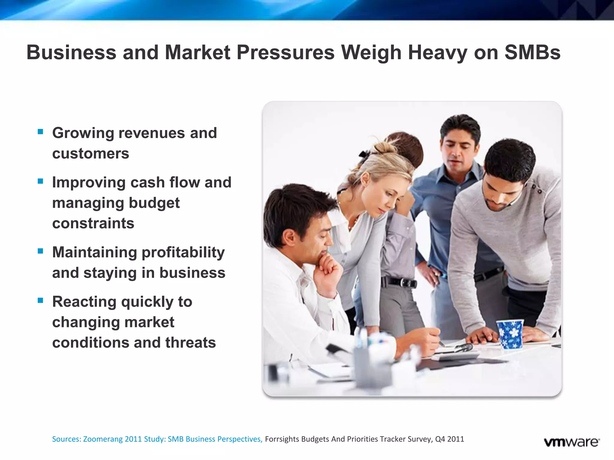 3
 Growing revenues and
customers
 Improving cash flow and
managing budget
constraints
 Maintaining profitability
and staying in business
 Reacting quickly to
changing market
conditions and threats
Sources: Zoomerang 2011 Study: SMB Business Perspectives, Forrsights Budgets And Priorities Tracker Survey, Q4 2011
Business and Market Pressures Weigh Heavy on SMBs
 