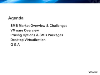 2
Agenda
SMB Market Overview & Challenges
VMware Overview
Pricing Options & SMB Packages
Desktop Virtualization
Q & A
 
