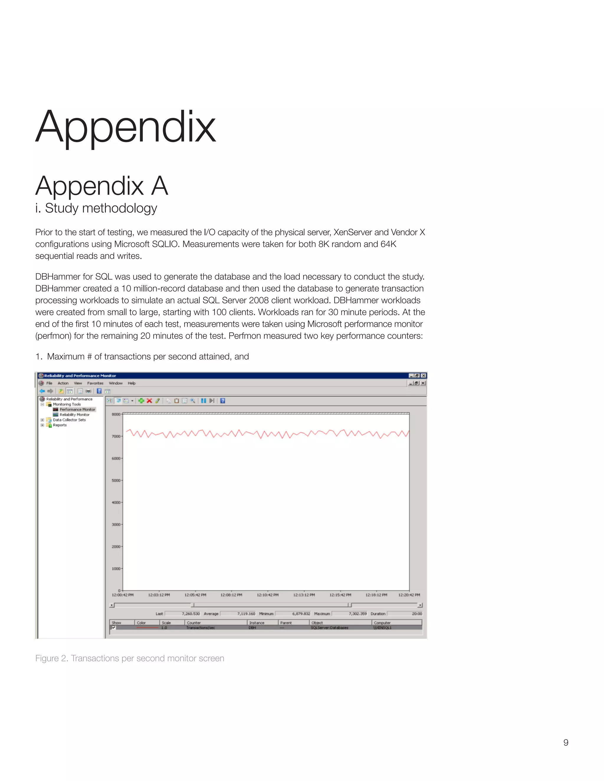 Appendix
Appendix A
i. Study methodology
Prior to the start of testing, we measured the I/O capacity of the physical server, XenServer and Vendor X
configurations using Microsoft SQLIO. Measurements were taken for both 8K random and 64K
sequential reads and writes.

DBHammer for SQL was used to generate the database and the load necessary to conduct the study.
DBHammer created a 10 million-record database and then used the database to generate transaction
processing workloads to simulate an actual SQL Server 2008 client workload. DBHammer workloads
were created from small to large, starting with 100 clients. Workloads ran for 30 minute periods. At the
end of the first 10 minutes of each test, measurements were taken using Microsoft performance monitor
(perfmon) for the remaining 20 minutes of the test. Perfmon measured two key performance counters:

1. Maximum # of transactions per second attained, and




Figure 2. Transactions per second monitor screen


Figure 2. Transactions per second monitor screen




                                                                                                             9
 