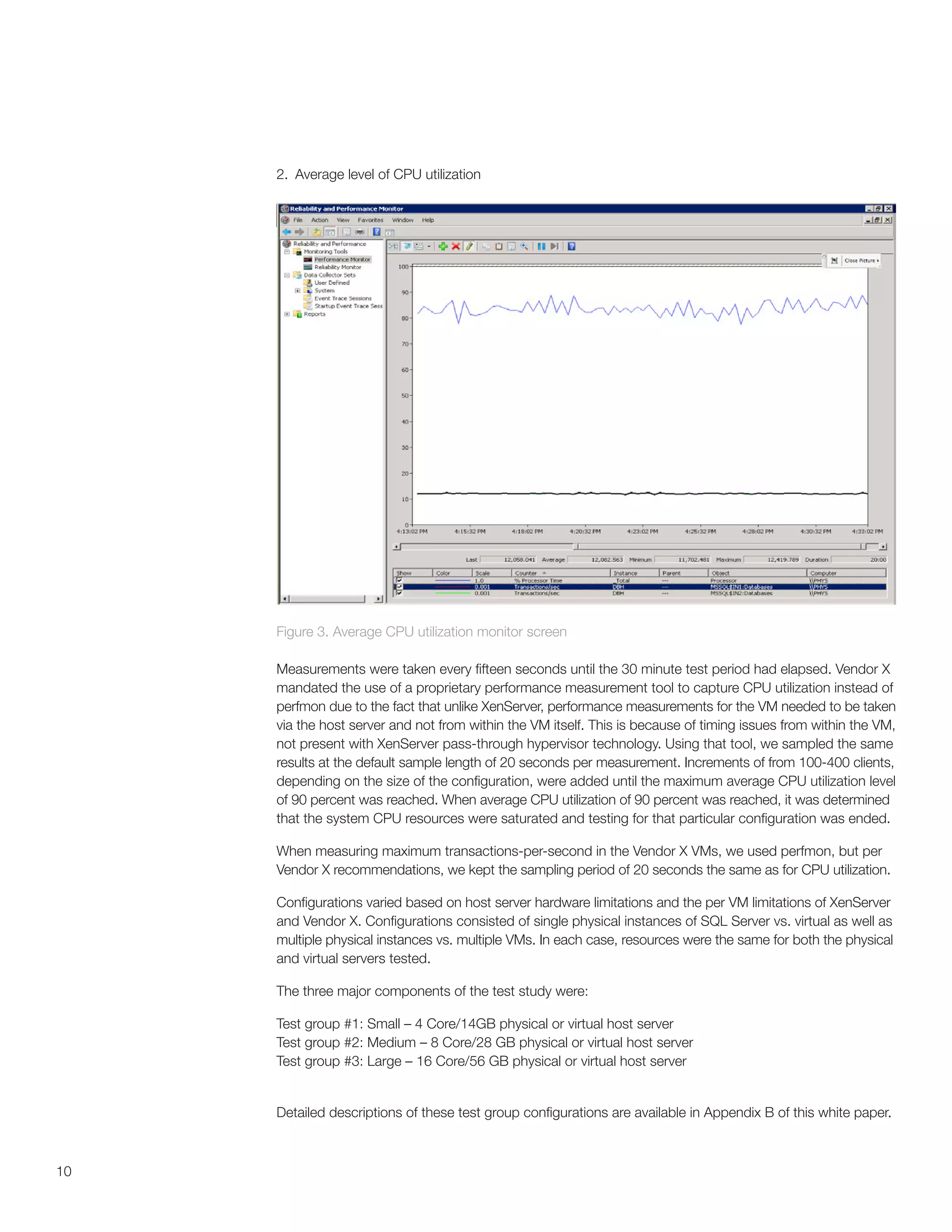 2. Average level of CPU utilization




     Figure 3. Average CPU utilization monitor screen

     Measurements were taken every fifteen seconds until the 30 minute test period had elapsed. Vendor X
     mandated the use of a proprietary performance measurement tool to capture CPU utilization instead of
     perfmon due to the fact that unlike XenServer, performance measurements for the VM needed to be taken
     via the host server and not from within the VM itself. This is because of timing issues from within the VM,
     not present with XenServer pass-through hypervisor technology. Using that tool, we sampled the same
     results at the default sample length of 20 seconds per measurement. Increments of from 100-400 clients,
     depending on the size of the configuration, were added until the maximum average CPU utilization level
     of 90 percent was reached. When average CPU utilization of 90 percent was reached, it was determined
     that the system CPU resources were saturated and testing for that particular configuration was ended.

     When measuring maximum transactions-per-second in the Vendor X VMs, we used perfmon, but per
     Vendor X recommendations, we kept the sampling period of 20 seconds the same as for CPU utilization.

     Configurations varied based on host server hardware limitations and the per VM limitations of XenServer
     and Vendor X. Configurations consisted of single physical instances of SQL Server vs. virtual as well as
     multiple physical instances vs. multiple VMs. In each case, resources were the same for both the physical
     and virtual servers tested.

     The three major components of the test study were:

     Test group #1: Small – 4 Core/14GB physical or virtual host server
     Test group #2: Medium – 8 Core/28 GB physical or virtual host server
     Test group #3: Large – 16 Core/56 GB physical or virtual host server


     Detailed descriptions of these test group configurations are available in Appendix B of this white paper.



10
 