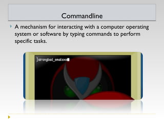 Commandline A mechanism for interacting with a computer operating system or software by typing commands to perform specific tasks.  