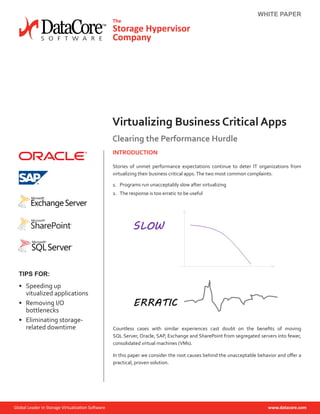 WHITE PAPER
Virtualizing Business Critical Apps
Clearing the Performance Hurdle
INTRODUCTION
Stories of unmet performance expectations continue to deter IT organizations from
virtualizing their business critical apps.The two most common complaints:
1.	 Programs run unacceptably slow after virtualizing
2.	 The response is too erratic to be useful
TIPS FOR:
•	 Speeding up
vitualized applications
•	 Removing I/O
bottlenecks
•	 Eliminating storage-
related downtime Countless cases with similar experiences cast doubt on the benefits of moving
SQL Server, Oracle, SAP, Exchange and SharePoint from segregated servers into fewer,
consolidated virtual machines (VMs).
In this paper we consider the root causes behind the unacceptable behavior and offer a
practical, proven solution.
 