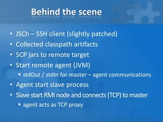 Behind the scene
•
•
•
•

JSCh – SSH client (slightly patched)
Collected classpath artifacts
SCP jars to remote target
Start remote agent (JVM)
 stdOut / stdIn for master – agent communications

• Agent start slave process
• Slave start RMI node and connects (TCP) to master
 agent acts as TCP proxy

 